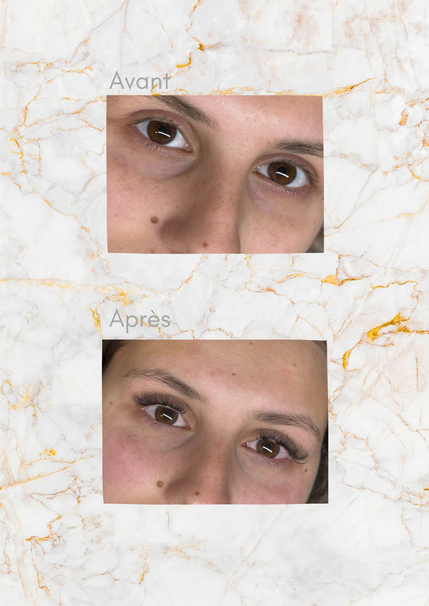 Avant / Après – Pose Mixte
Un juste équilibre entre naturel et volume !
La pose mixte combine l’élégance du cil à cil avec la densité du volume russe, pour un regard harmonieux et structuré.
Idéal pour celles qui veulent un effet fourni mais léger.
